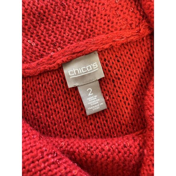 Chico's Red Sequin Sweater Size 2/Large Cowl Neck Shimmer 3/4 Sleeve Holiday - Picture 3 of 8